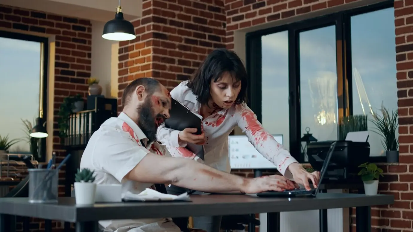 Жуткий офисный зомби с кровавыми ранами на рабочем месте работает за современным ноутбуком. Злой монстр, поедающий мозги, с глубокими шрамами пытается пользоваться компьютером, когда приходит и помогает жуткая ходячая мертвая женщина.