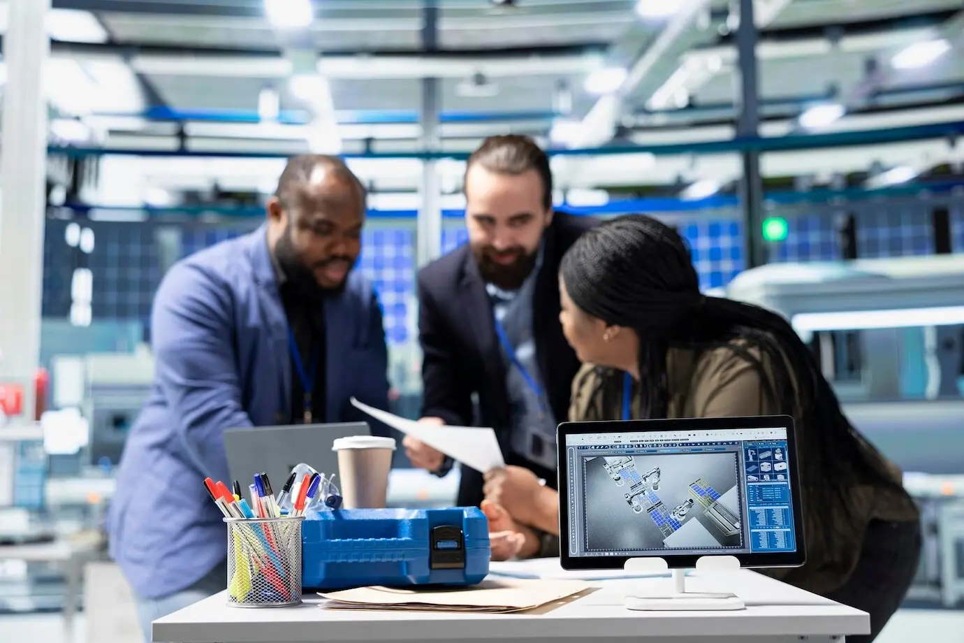 Разнообразная группа руководителей фабрики участвует в брифинге по производственным показателям.