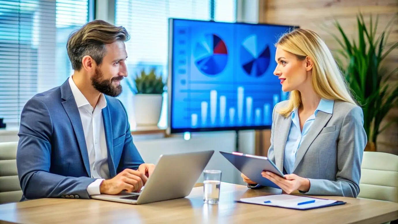 Деловые партнёры изучают данные на ноутбуках и в документах.